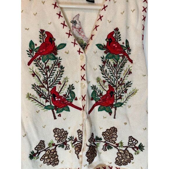 In Resource Cottagecore Grannycore Cardinal Embroidered Beaded Vest Cream Red L - Picture 3 of 6